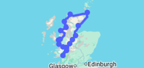 Map of Scotland with a blue line outlining each point on the virtual route