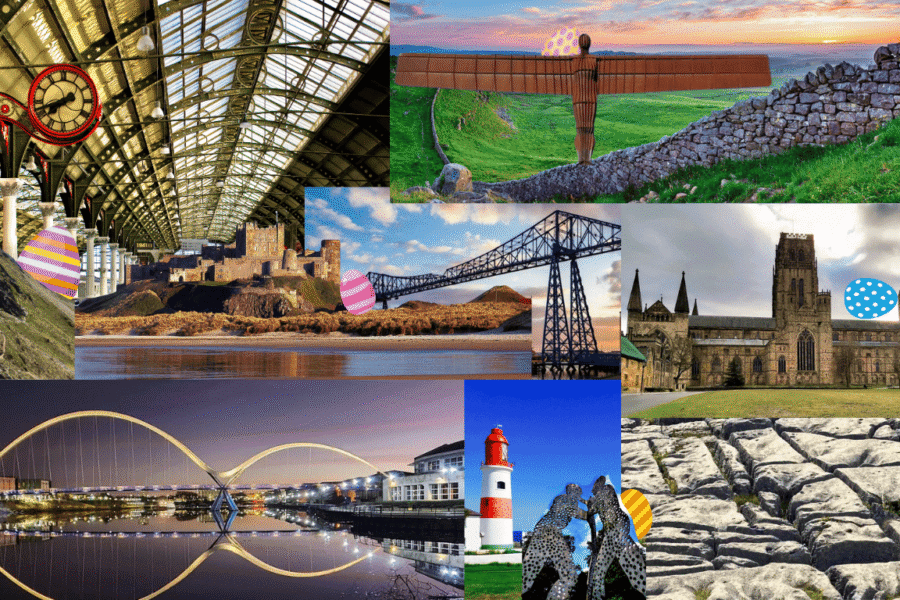 Collage of iconic landmarks across the North of England with hidden eggs.