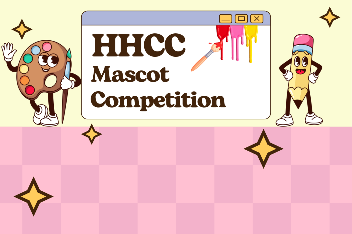 A cartoon pencil and pallet stand on a pink checked background