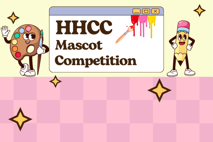 A cartoon pencil and pallet stand on a pink checked background